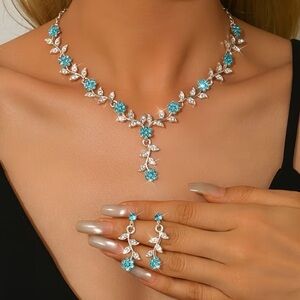 Turquoise Flower Crystal Necklace & Earrings Set - Women Jewelry